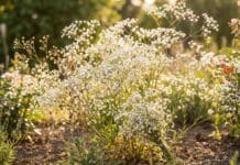 Baby’s Breath Flower Guide: Meaning, Care, Growing, Drying & Cat Safety White baby’s breath flowers growing in a sunny garden with delicate Gypsophila blooms