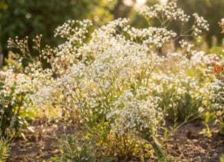 Baby’s Breath Flower Guide: Meaning, Care, Growing, Drying & Cat Safety White baby’s breath flowers growing in a sunny garden with delicate Gypsophila blooms