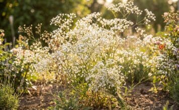 Baby’s Breath Flower Guide: Meaning, Care, Growing, Drying & Cat Safety White baby’s breath flowers growing in a sunny garden with delicate Gypsophila blooms