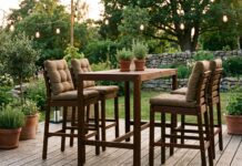 Best High Top Patio Furniture Sets: Bar-Height Tables & Chairs High top patio furniture set with bar-height outdoor table and tall chairs on a backyard deck