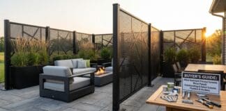Best Outdoor Privacy Screens for Wind: Metal, Freestanding & Heavy-Duty Picks Heavy-duty black metal outdoor privacy screen anchored on a windy patio with plants and seating