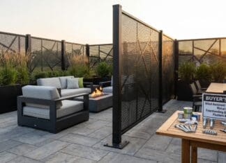 Best Outdoor Privacy Screens for Wind: Metal, Freestanding & Heavy-Duty Picks Heavy-duty black metal outdoor privacy screen anchored on a windy patio with plants and seating