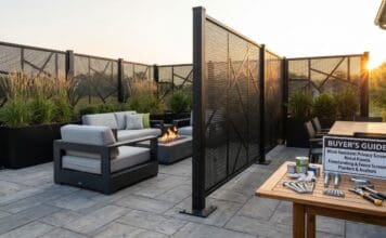 Best Outdoor Privacy Screens for Wind: Metal, Freestanding & Heavy-Duty Picks Heavy-duty black metal outdoor privacy screen anchored on a windy patio with plants and seating