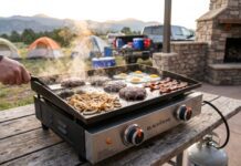 Best Tabletop Griddles for Camping, Tailgating, RVs and Patios A portable tabletop griddle cooking smash burgers and onions at a sunny campsite
