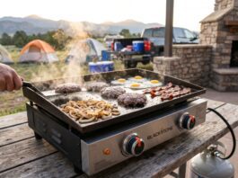 Best Tabletop Griddles for Camping, Tailgating, RVs and Patios A portable tabletop griddle cooking smash burgers and onions at a sunny campsite