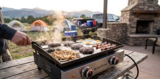 Best Tabletop Griddles for Camping, Tailgating, RVs and Patios A portable tabletop griddle cooking smash burgers and onions at a sunny campsite