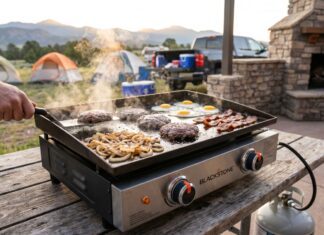 Best Tabletop Griddles for Camping, Tailgating, RVs and Patios A portable tabletop griddle cooking smash burgers and onions at a sunny campsite