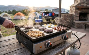 Best Tabletop Griddles for Camping, Tailgating, RVs and Patios A portable tabletop griddle cooking smash burgers and onions at a sunny campsite