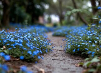 Blue Flower Ground Cover: 12 Best Picks for Sun, Shade & Walkways Blue flower ground cover blooming along a garden path with low green foliage