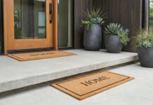 Coir Mats Explained: Benefits, Cleaning, Durability, and Best Uses A thick natural coir doormat with rubber backing placed outside a modern front door entrance with warm lighting.