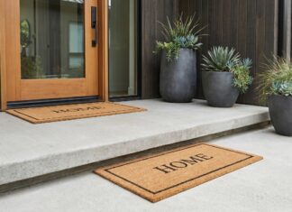 Coir Mats Explained: Benefits, Cleaning, Durability, and Best Uses A thick natural coir doormat with rubber backing placed outside a modern front door entrance with warm lighting.