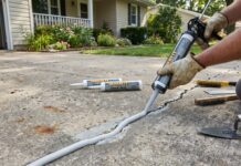Concrete Driveway Crack Repair: Best Fillers, Sealers & Mistakes to Avoid A homeowner repairing a concrete driveway crack with self-leveling concrete crack filler and a caulking gun