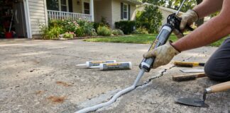 Concrete Driveway Crack Repair: Best Fillers, Sealers & Mistakes to Avoid A homeowner repairing a concrete driveway crack with self-leveling concrete crack filler and a caulking gun
