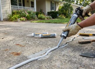 Concrete Driveway Crack Repair: Best Fillers, Sealers & Mistakes to Avoid A homeowner repairing a concrete driveway crack with self-leveling concrete crack filler and a caulking gun