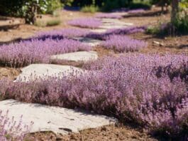 Creeping Thyme Ground Cover: Planting, Care, Problems & Lawn Use Creeping thyme ground cover blooming with purple flowers between stepping stones in a sunny garden path