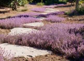 Creeping Thyme Ground Cover: Planting, Care, Problems & Lawn Use Creeping thyme ground cover blooming with purple flowers between stepping stones in a sunny garden path