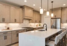 Daybreak Cabinets: Color Guide for Wood, Hardware, Lighting & Countertops Modern kitchen with Daybreak stained maple cabinets matte black hardware and white quartz countertops