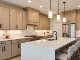 Daybreak Cabinets: Color Guide for Wood, Hardware, Lighting & Countertops Modern kitchen with Daybreak stained maple cabinets matte black hardware and white quartz countertops