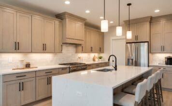 Daybreak Cabinets: Color Guide for Wood, Hardware, Lighting & Countertops Modern kitchen with Daybreak stained maple cabinets matte black hardware and white quartz countertops