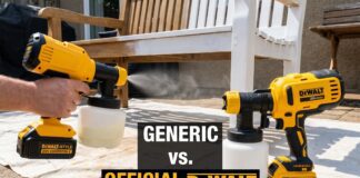 Dewalt Cordless Paint Sprayer: Does It Exist, and What Should You Buy Instead? A cordless paint sprayer using a Dewalt-style 20V battery while spraying paint on a fence