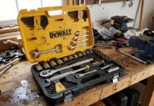 DeWalt Mechanics Tool Set Guide: Best Kits for Homeowners & Garage DIY DeWalt mechanics tool set with ratchets sockets and case on a garage workbench
