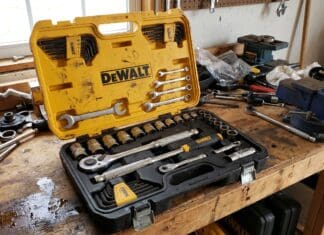 DeWalt Mechanics Tool Set Guide: Best Kits for Homeowners & Garage DIY DeWalt mechanics tool set with ratchets sockets and case on a garage workbench
