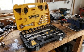 DeWalt Mechanics Tool Set Guide: Best Kits for Homeowners & Garage DIY DeWalt mechanics tool set with ratchets sockets and case on a garage workbench