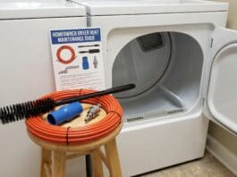 Dryer Vent Cleaning Brush Guide: Best Kits, How to Use One & Safety Mistakes Dryer vent cleaning brush kit with flexible rods vacuum attachment and lint brush beside a laundry dryer