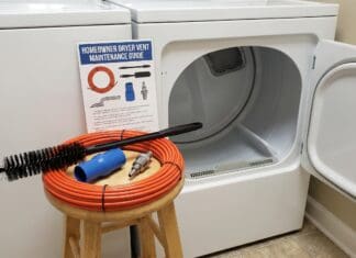 Dryer Vent Cleaning Brush Guide: Best Kits, How to Use One & Safety Mistakes Dryer vent cleaning brush kit with flexible rods vacuum attachment and lint brush beside a laundry dryer