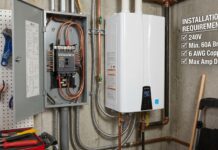 Electric Tankless Water Heater Requirements: Amps, Breakers & Panel Upgrades An electric tankless water heater installed near an electrical panel showing heavy wiring and breaker requirements