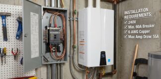 Electric Tankless Water Heater Requirements: Amps, Breakers & Panel Upgrades An electric tankless water heater installed near an electrical panel showing heavy wiring and breaker requirements
