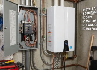 Electric Tankless Water Heater Requirements: Amps, Breakers & Panel Upgrades An electric tankless water heater installed near an electrical panel showing heavy wiring and breaker requirements
