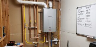 Gas Tankless Water Heater Installation Cost: Venting, Gas Lines & Sizing A gas tankless water heater installed on a utility room wall with venting and gas line connections