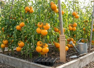Golden Jubilee Tomato: The Ultimate Growing & Care Guide Golden Jubilee tomatoes growing on indeterminate vines with ripe golden-orange fruit ready for harvest