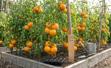 Golden Jubilee Tomato: The Ultimate Growing & Care Guide Golden Jubilee tomatoes growing on indeterminate vines with ripe golden-orange fruit ready for harvest