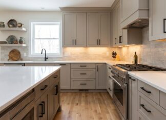 Greige Kitchen Cabinets: Best Warm Neutral Colors, Hardware & Countertops Modern kitchen with warm greige cabinets white quartz countertops black hardware and soft neutral lighting