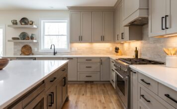 Greige Kitchen Cabinets: Best Warm Neutral Colors, Hardware & Countertops Modern kitchen with warm greige cabinets white quartz countertops black hardware and soft neutral lighting