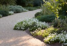 Ground Cover With White Flowers: 15 Best Picks for Shade, Sun & Walkways White flowering ground cover plants blooming along a garden path in a low-maintenance yard