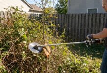 Hand Held Brush Cutter Guide: Blades, Power, Safety & What It Can Actually Cut A person using a hand held brush cutter with a metal blade to clear tall weeds and light brush