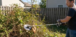 Hand Held Brush Cutter Guide: Blades, Power, Safety & What It Can Actually Cut A person using a hand held brush cutter with a metal blade to clear tall weeds and light brush