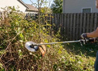 Hand Held Brush Cutter Guide: Blades, Power, Safety & What It Can Actually Cut A person using a hand held brush cutter with a metal blade to clear tall weeds and light brush