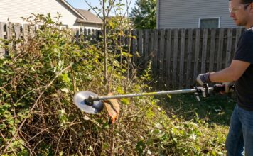 Hand Held Brush Cutter Guide: Blades, Power, Safety & What It Can Actually Cut A person using a hand held brush cutter with a metal blade to clear tall weeds and light brush