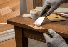 How to Fix a Chip in Wood: Furniture, Floors, Trim & Outdoor Repairs Repairing a chip in wood furniture with filler and stain marker