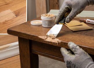 How to Fix a Chip in Wood: Furniture, Floors, Trim & Outdoor Repairs Repairing a chip in wood furniture with filler and stain marker