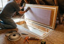 How to Insulate Attic Door: Stop Drafts and Heat Loss A homeowner adding foam board insulation and weatherstripping to a ceiling attic access door