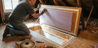 How to Insulate Attic Door: Stop Drafts and Heat Loss A homeowner adding foam board insulation and weatherstripping to a ceiling attic access door