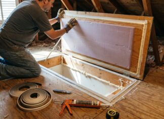 How to Insulate Attic Door: Stop Drafts and Heat Loss A homeowner adding foam board insulation and weatherstripping to a ceiling attic access door