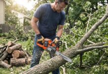 Husqvarna Battery Chainsaw Guide: 120i vs 225i vs Power Axe 350i A Husqvarna battery chainsaw cutting a fallen tree branch in a backyard