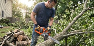 Husqvarna Battery Chainsaw Guide: 120i vs 225i vs Power Axe 350i A Husqvarna battery chainsaw cutting a fallen tree branch in a backyard