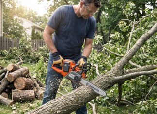 Husqvarna Battery Chainsaw Guide: 120i vs 225i vs Power Axe 350i A Husqvarna battery chainsaw cutting a fallen tree branch in a backyard
